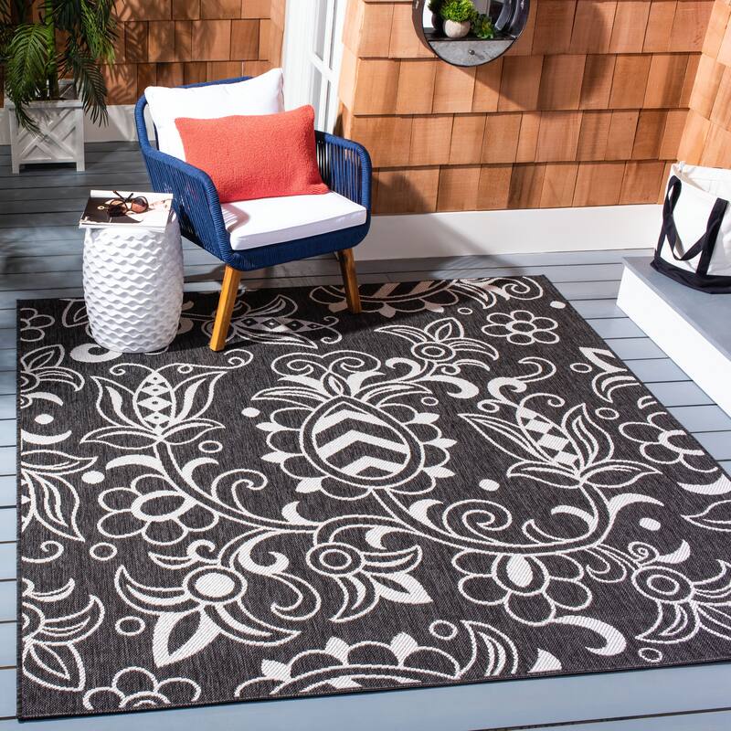 SAFAVIEH Beach House Jula Indoor/ Outdoor Waterproof Patio Backyard Rug - 5'3" x 7'6" - Black/Light Grey