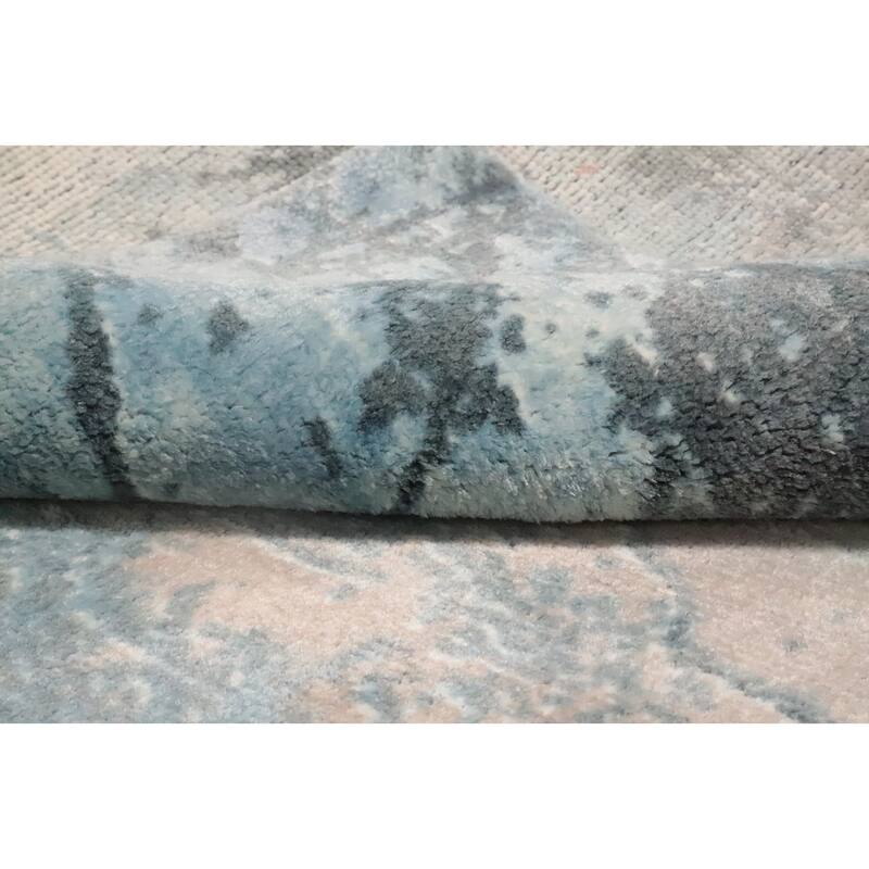 Hand Knotted Oriental Viscose Silk Carpet Modern Pictorial Navy Blue & Blues Abstract Area Rug - 7' 2'' X 5' 3''