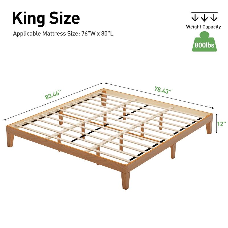 12" Wood Platform Bed Frame - California King, No Box Spring, Easy Assembly​