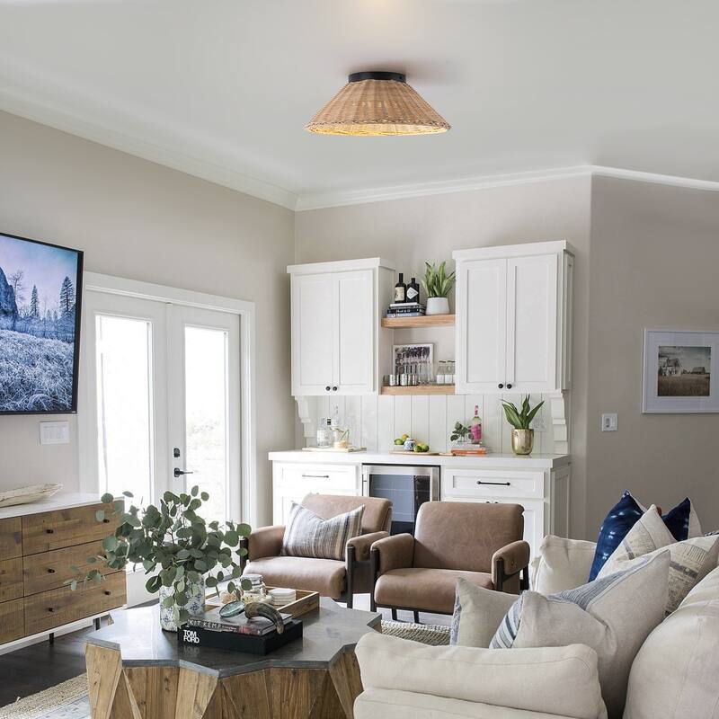 Modern Farmhouse Woven Rattan Umbrella Cone-Shaped Flush Mount Integrated LED Ceiling Light - Beige - 13.4"W x 4.5"H