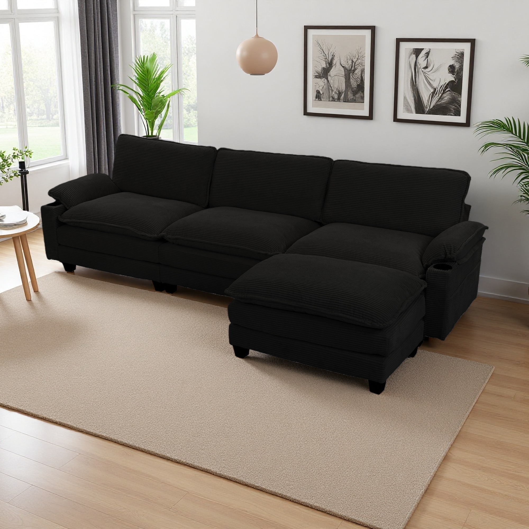 113.8" Corduroy L-Shaped Modular Sectional Sofa with Ottoman & Cup Holders