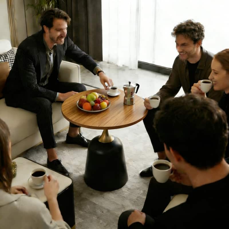 Small Circular Side Table Coffee Table, Metal Base Living Room Table, Walnut Wood Grain Minimalist Modern Decoration