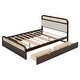 preview thumbnail 7 of 8, Queen Size Platform Bed with Trundle, Pine Wooden Bed with 2 Drawers, Kid's Bed with Rattan Headboard, Brown