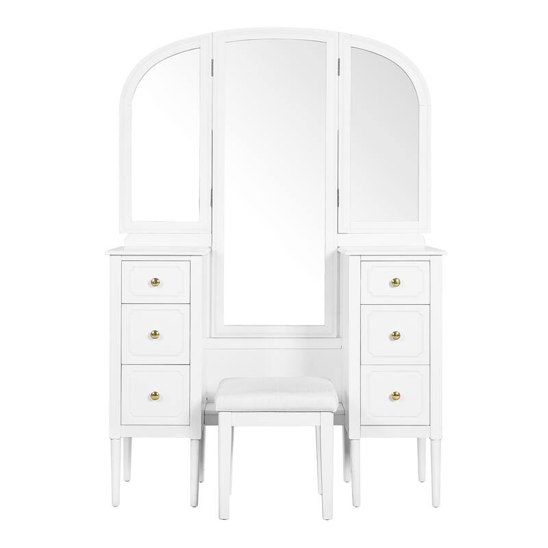 Makeup Vanity Desk with Triple Mirror, 6-Drawer Dressing Table Set Including Stool, Full Length Mirror