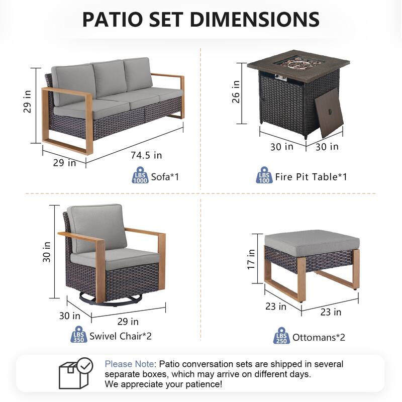 Pocassy Outdoor Fire Pit with 3-Seat Sofa Swivel Chairs Patio Furniture Set