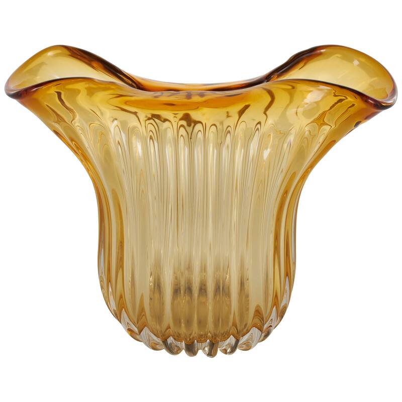 Orange Glass Ribbed Ombre Abstract Decorative Vase with Folded Curve Opening