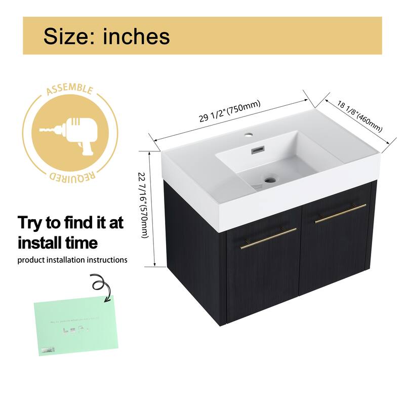 Malwee 24"/30"/36"/48" Floating Bathroom Vanity with Sink, Wall Mounted Bathroom Vanity with Soft Close Doors