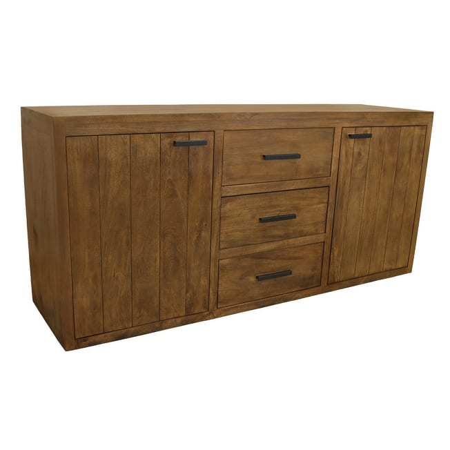 HomeRoots 71" Chestnut Distressed Solid Wood Three Drawer Sideboard with Two Doors - 71.00 in. x 33.00 in. x 19.00 in.