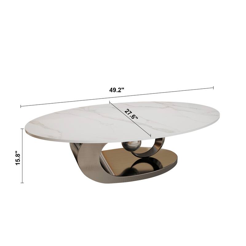 GDFStudio - Contemporary 49.2" Oval Sintered Stone Coffee Table with Sculptural Stainless Steel Base & Anti-tip Adjustable Feet