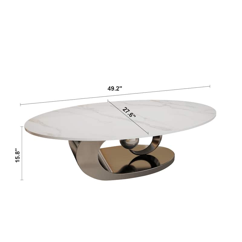 Modern Coffee Table Fish Belly White Marble Coffee Table Stainless Steel Base and Adjustable Feet, for Living Room