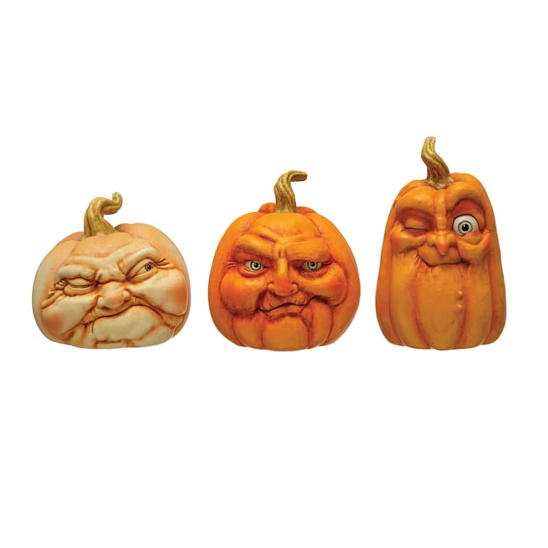 Resin Pumpkin Face, Set of 3 - Orange - Orange