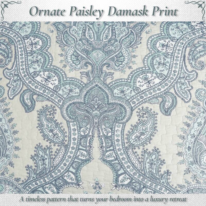 Cozy Line Ornate Paisley Medallion Grey Blue Cotton 3 Piece Queen Quilt Bedding Set