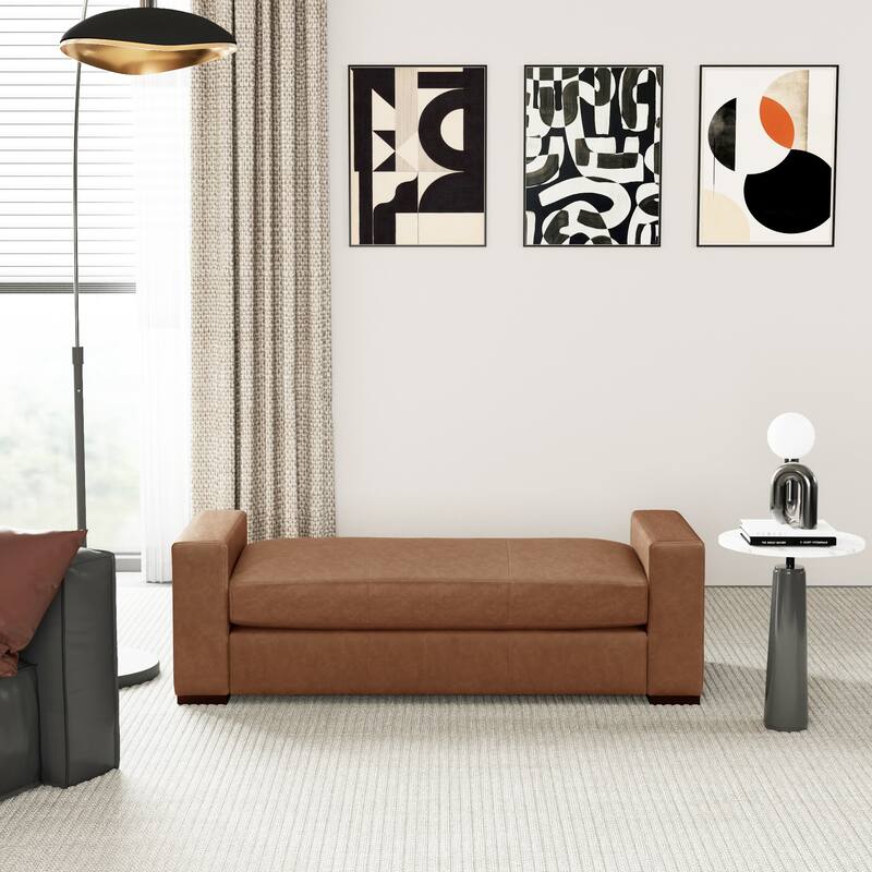 Entryway Bench, 57.70" Stylish Faux Leather Bench with Square Armrests - Brown