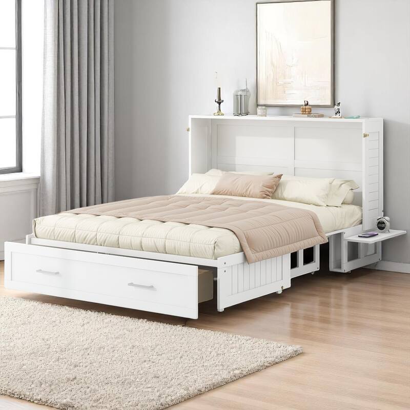 Queen Size Mobile Murphy Bed with Storage Drawer and Side Shelves, Foldable White Platform Bed