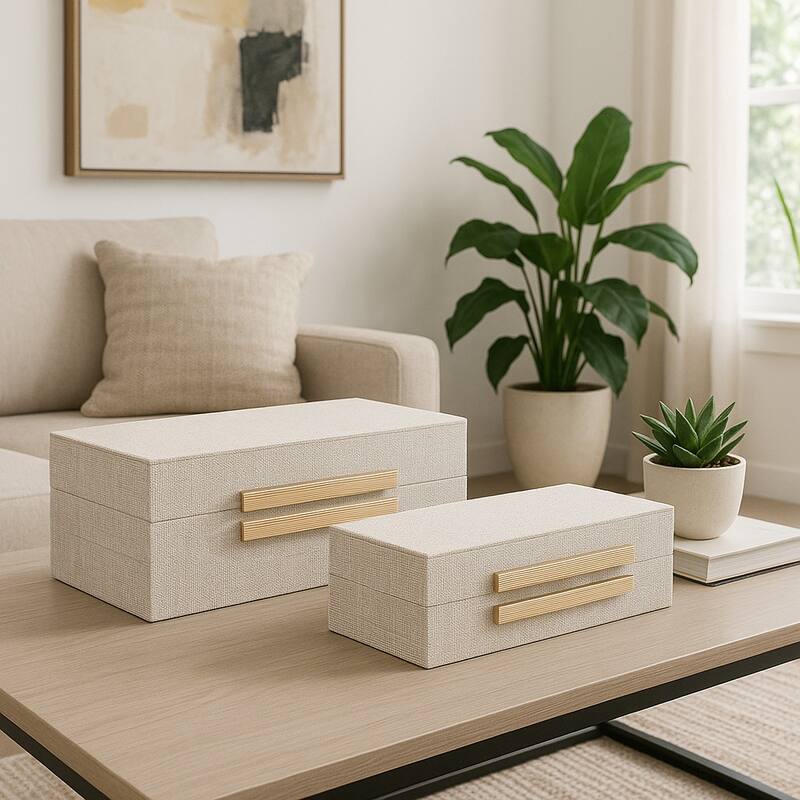 Fabric Organizer Box Double Hardware (Set of 2) - 9" Brown - 12" x 6" x 4"