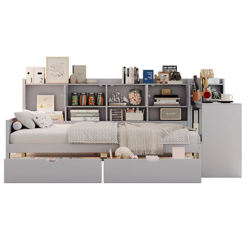 Roomfitters Wooden L-Shaped Daybed with 3 Cabinets, 2 Drawers, Desk and Bookshelf