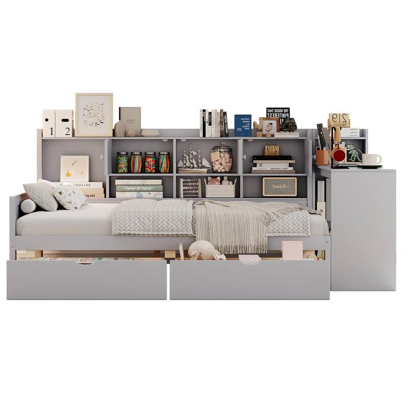 Wooden L Shaped Daybed with Bookcase and 2 Drawers, Multi-functional Corner Platform Sofa Bed Frame with Built In Desk