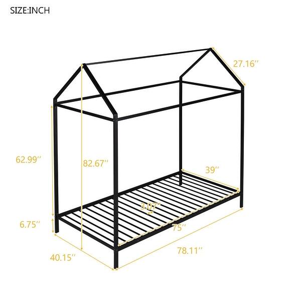 dimension image slide 0 of 2, Twin Size Metal House Frame Platform Bed with Floor for Kids, Boys and Girls