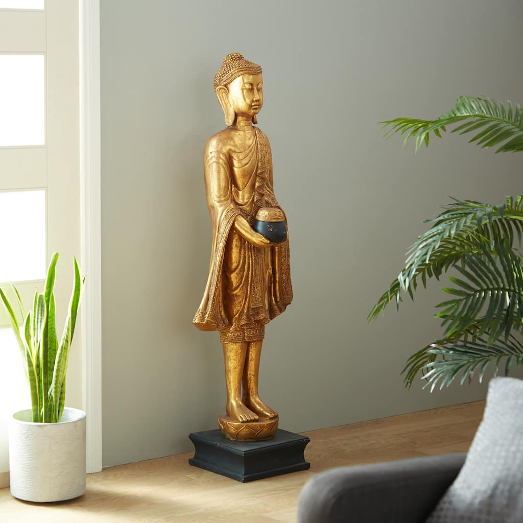 Gold Polystone Standing Floor Buddha Decorative Sculpture with Engraved Carvings and Relief Detailing
