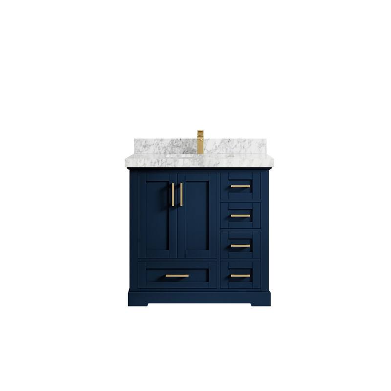 Willow Collections 36 x 22 Boston Center Sink Left Bathroom Vanity with Countertop - 2"Carrara Marble - Navy Blue