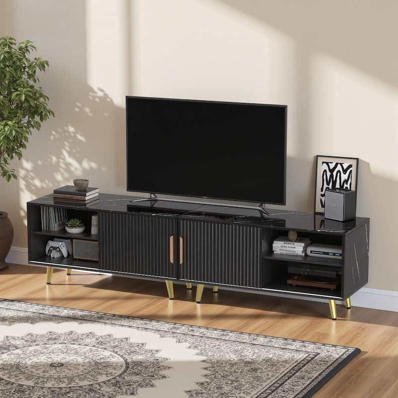 Meyreso 2-Piece Modular TV Stand and Coffee Table Set with Wave Pattern Doors & Adjustable Glass Shelf - 78 inches