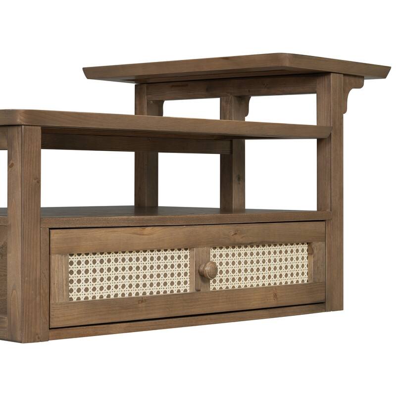 Modern Coffee Table, Coffee Table with 1 Storage Shelf, 2 Tabletops and 1 Rattan Drawer For Living Room