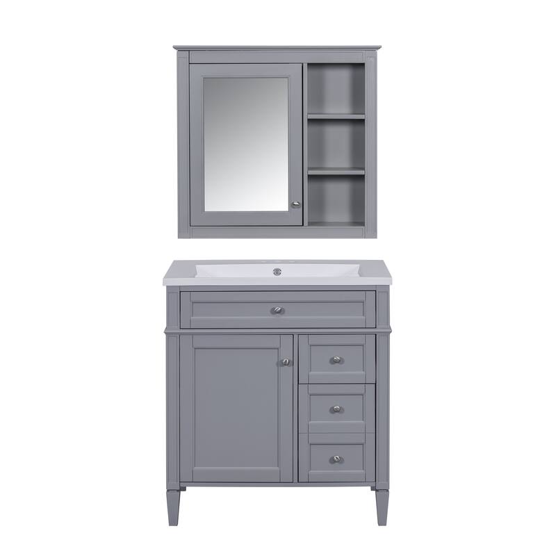 GDFStudio - Montvale Modern Freestanding Bathroom Vanity Set with Mirror Cabinet, Resin Sink & a Tip-out Drawer - 30'W