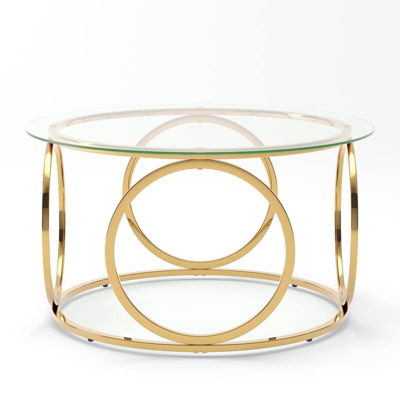 31.5" Modern Round Glass Top Coffee Table with Circular Metal Frame