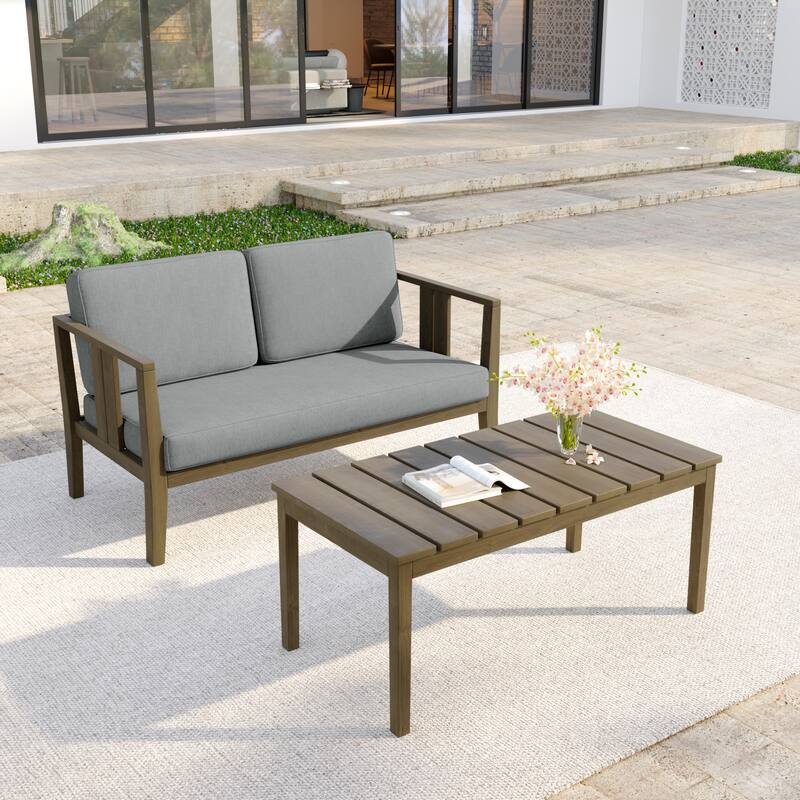 Casual 53"W Outdoor Patio Loveseat Set In Solid Teak Wood with Cushion - Natural Wood - Grey