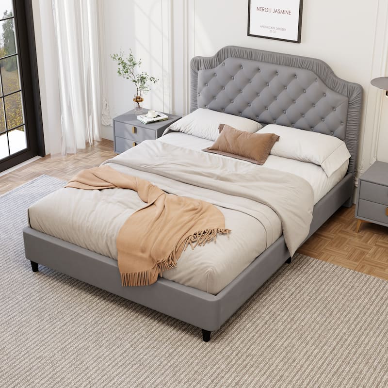 2-Piece Bedroom Set with Velvet Upholstered Bed and Storage Ottoman Bench by Harper&Bright Designs - Grey - Queen