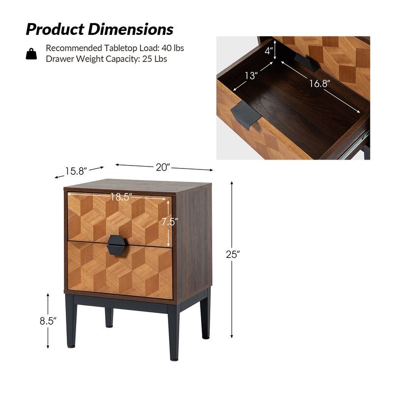 Apakah Modern 25"Tall 2-Drawer End Table with Charging Station and Adjustable Legs by HULALA HOME