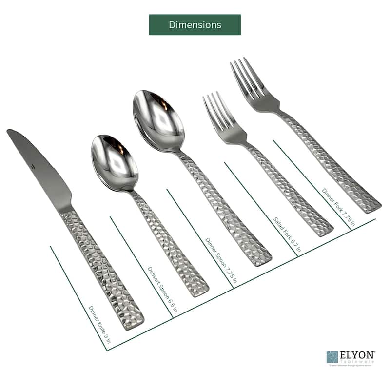 Elyon Hammered Reflective Silver 20, 40, 60 Piece Flatware Set Stainless Steel Service For 4, 8, 12