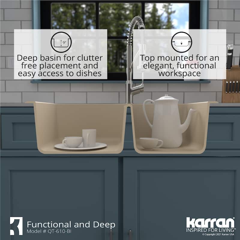 Top Mount 33-inch Large/Small Bowl Quartz Kitchen Sink - 33" x 22" x 9"