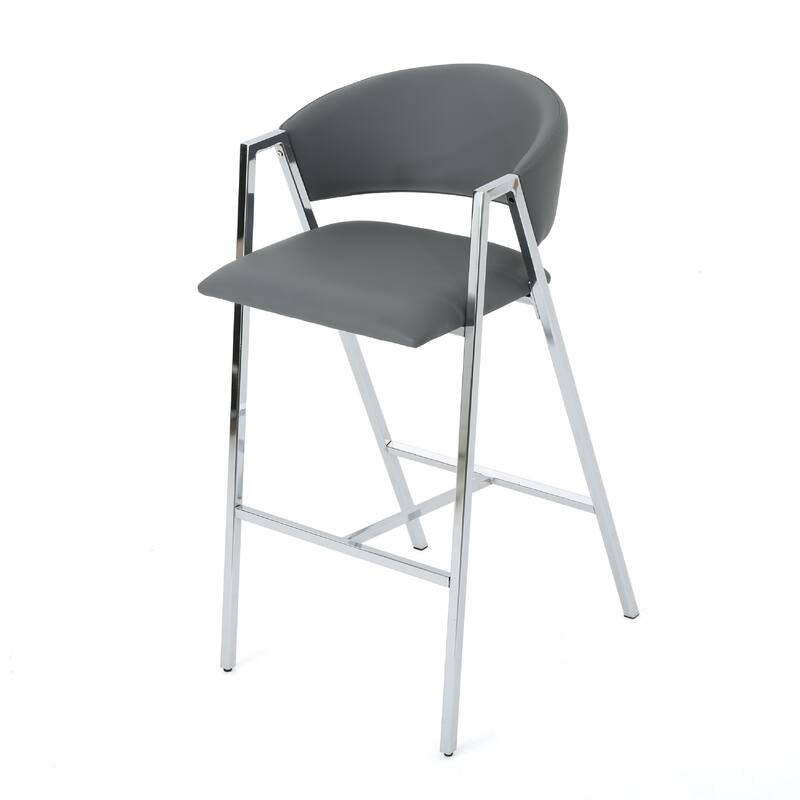 Zoy Barstool Chair Set of 2, Gray Faux Leather Padded, Chrome Iron