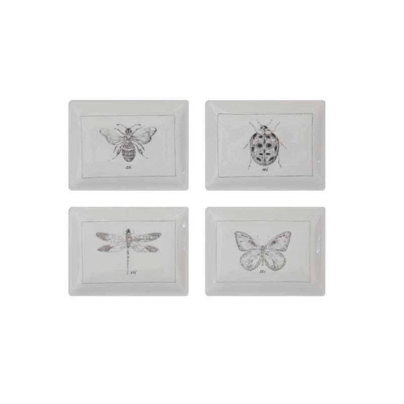 Rectangle Ceramic Dishes with Insect Images - 4.0"L x 2.9"W x 0.6"H - 4.0"L x 2.9"W x 0.6"H - White - 4 Piece