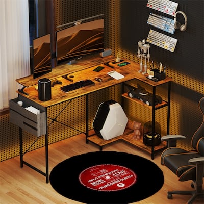 L-Shaped Gaming Desk with Charging Station & RGB LED Lights – Reversible Computer Desk with Monitor Stand