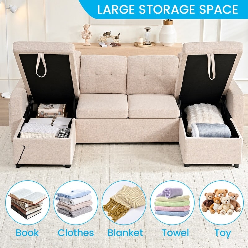 98"W 4-Seater Modular Sleeper Sofa Bed with Storage Chaise,U-shaped Sofa with Pull-out Bed