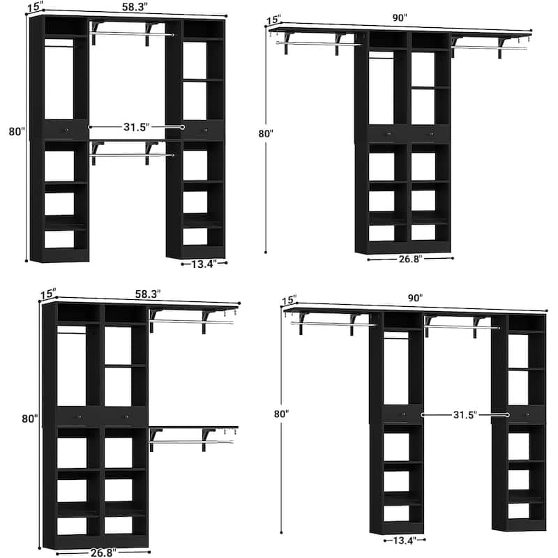 58" W - 90" W Closet System with 3 Hanging Rods and Shelves,Walk in Closet Organizer with 2 Drawers & Shoe Rack,Closet Wardrobe