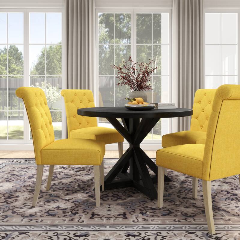 Contemporary 5-Piece Dining Set with Round Table and Button-Tufted Chairs - Solid Wood Construction for Lasting Durability