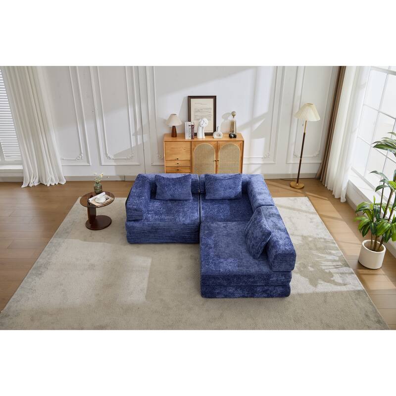 Chenille Fabric Compression Sofa, Boneless Modular Sectional Sofa, Convertible Floor Sofa Bed with Fixed-Shape Frame