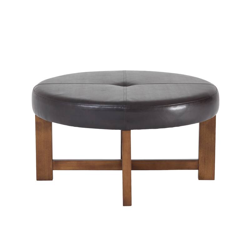 Christopher Knight Home - Marlowe Modern Round Faux Leather Ottoman Coffee Table with Tufted Top and Wood Base