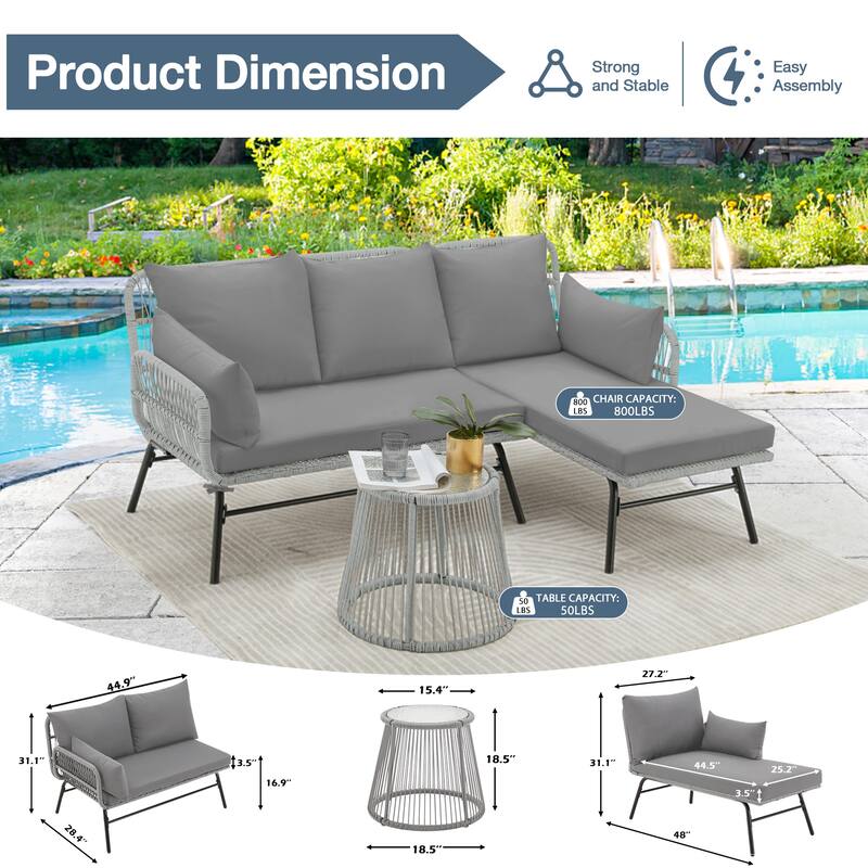 Sectional Wicker Conversation Sofa Set, 3 Piece Patio Furniture Set with Thick Cushions and Toughened Glass Coffee Table