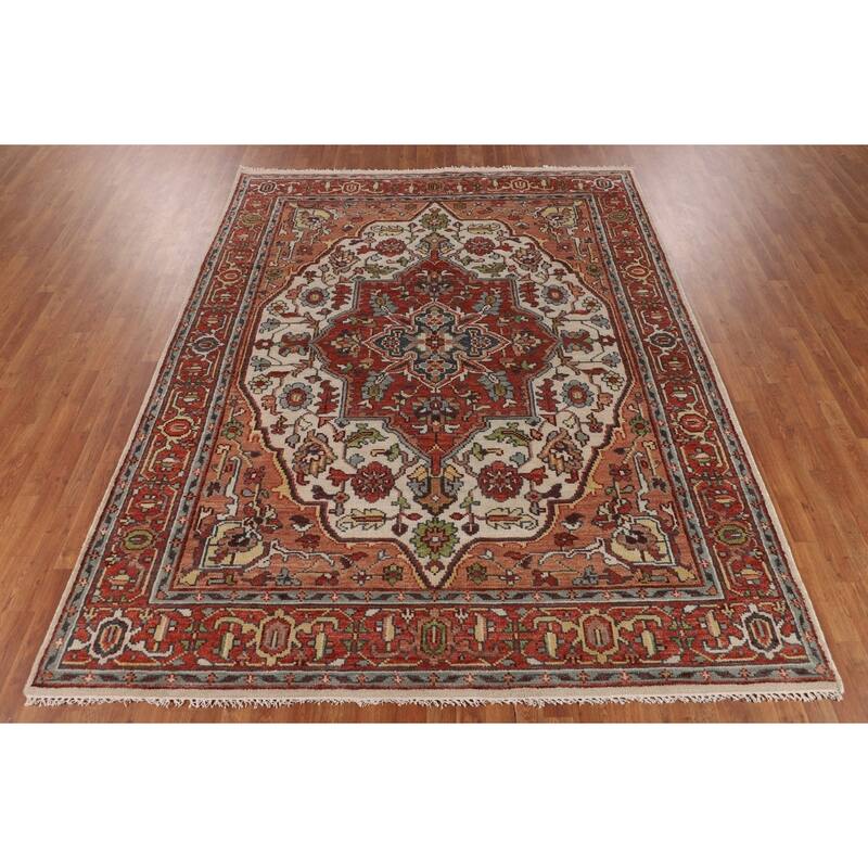 Ivory & Orange Heriz Serapi Indian Area Rug Handmade Wool Carpet - 7'10"x 9'11"