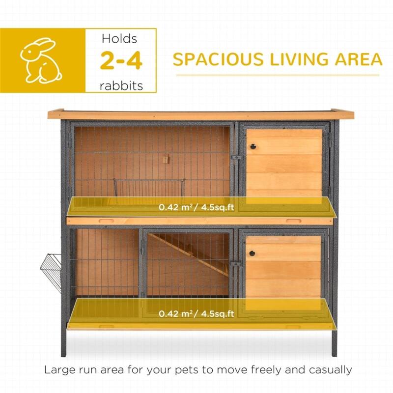 2-Level Bunny Hutch with Weather-Resistant Roof and Spacious Run Area and Removable Trays - 48" L x 19.75" W x 39.75" H