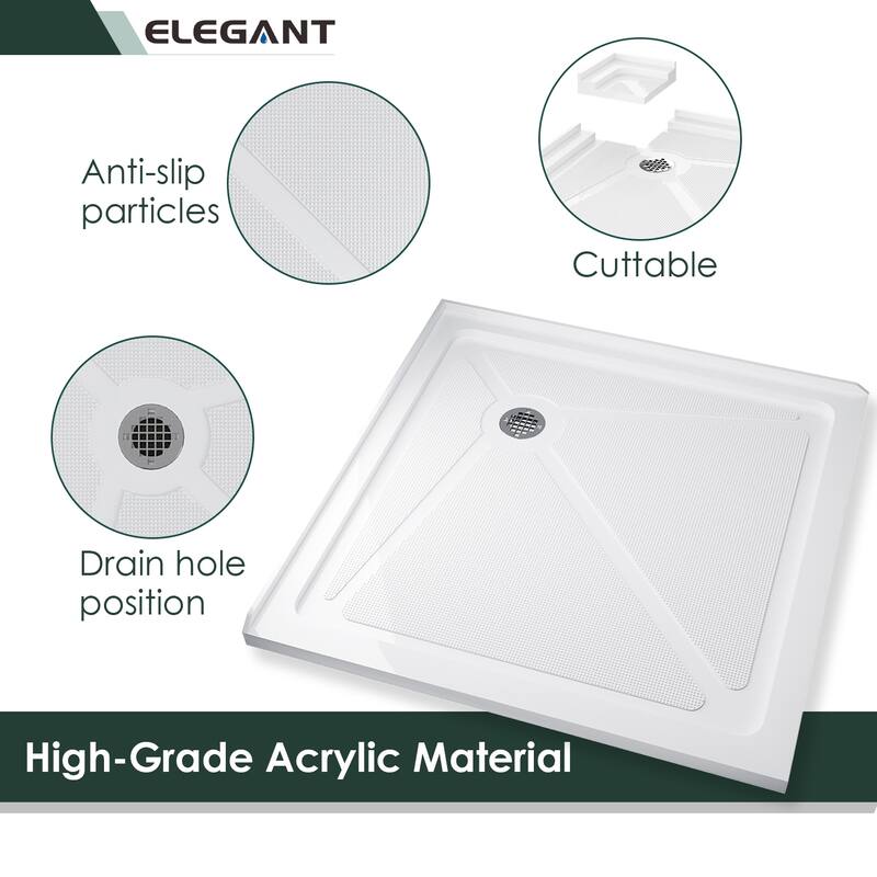 Elegant Square Shower Base in White Corner Drain Anti-slip Acrylic Quarter Shower Pan