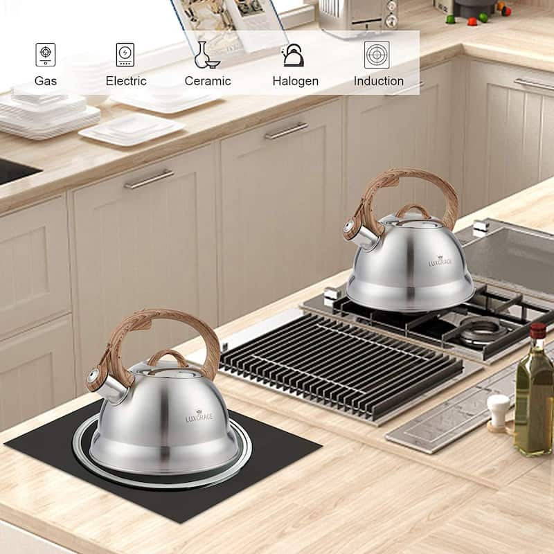 Creative Home 2.3 Qt. Stainless Steel Whistling Tea Kettle Teapot with Ergonomic Wood Rubber Touching Handle, Satin Finish