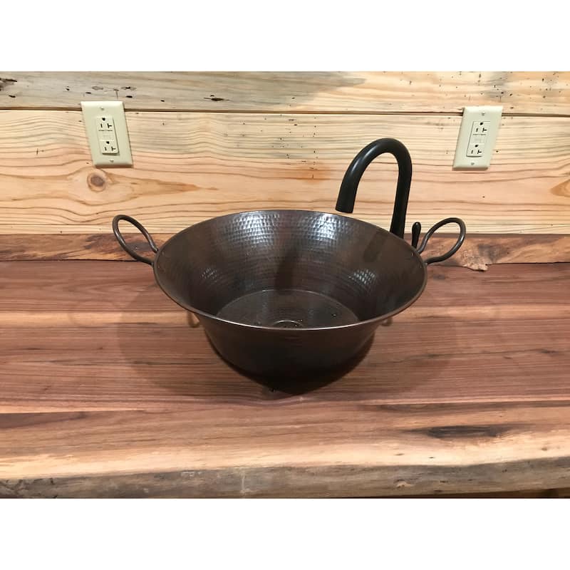 16" Round Copper Vessel Bathroom Sink with Handles Pop-Up Drain Included by SimplyCopper - 16" x 16" x 6"
