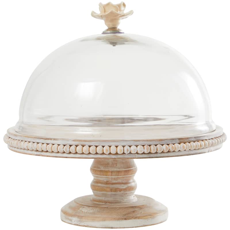 Mango Wood Cake Stand with Glass Dome - Cream - Roche River Decor - 12"W x 12"L x 12"H