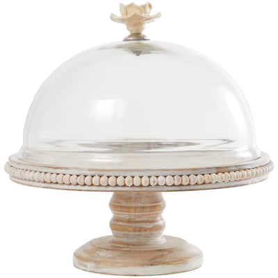 Mango Wood Cake Stand with Glass Dome - Cream - Roche River Decor - 12"W x 12"L x 12"H