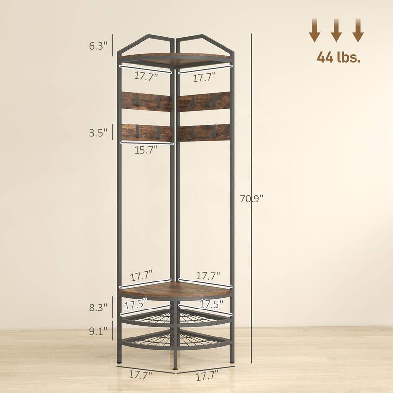 Industrial-Style Corner Coat Rack with Shoe Rack, 8 Movable Hooks and 2 Shelves, for Bedroom Living Room